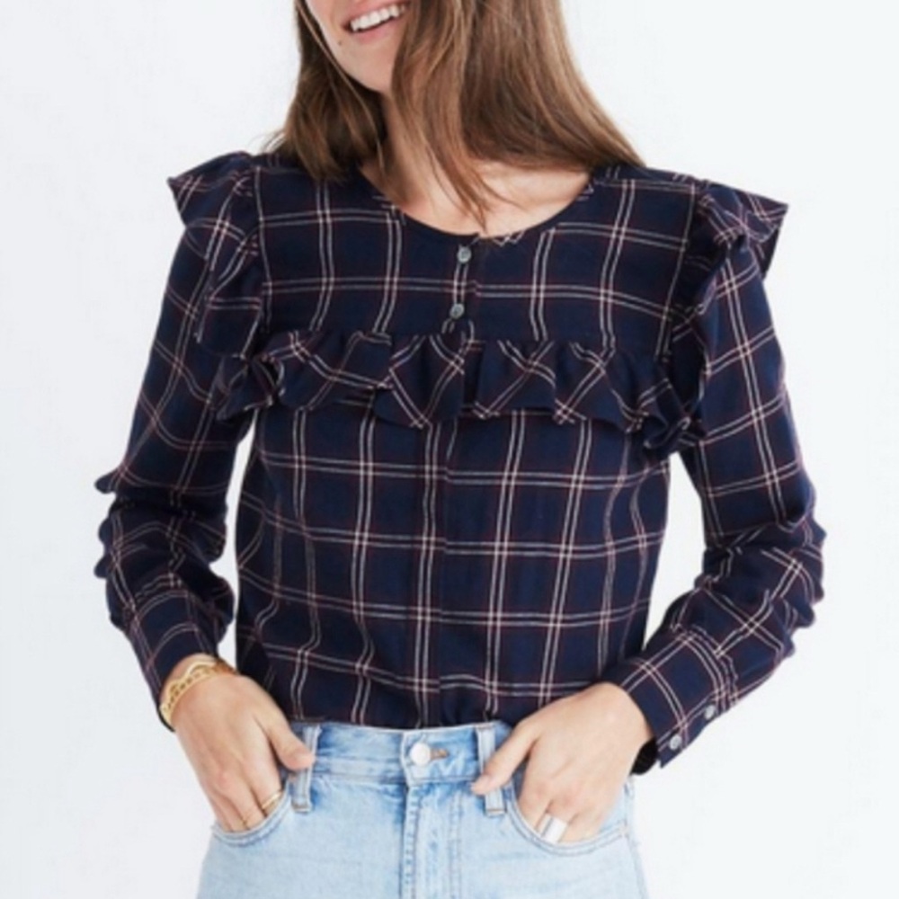 Madewell Blue and White Ruffled Long Sleeve Blouse